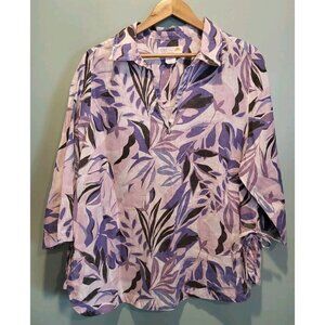 Purple Pink Tropical Leaf 100% Linen 3/4 Sleeve Tunic Top Sz 1X Vacation